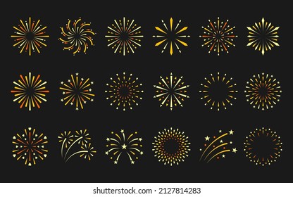 Firework sparkle holiday xmas beam gold flat set. Simple explosion party spark star shining sign celebrate christmas newyear birthday round icon. Greeting element design happy day postcard isolated