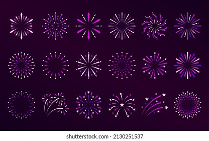 Firework sparkle holiday xmas beam flat set. Simple explosion party spark star shining sign celebrate christmas newyear birthday round icon. Greeting element design happy day postcard isolated