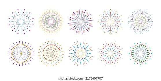 Firework sparkle ray set. Radiant sunburst abstract collection. Different shine sunrays or fireworks sparkles rays. Sunlight circle graphic design elements. Colorful multiple sun light burst options