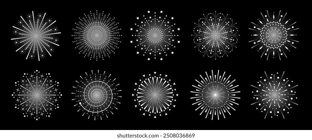 Feuerwerk Funkelrochen Set. Strahlende abstrakte Kollektion von Sunburst. Verschiedene Sonneneinstrahlung oder Feuerwerk funkelt Strahlen. Sonnenlicht Kreis Grafik eps Elemente. Mehrfaches Sonnenlicht auf schwarzem Hintergrund