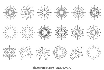 Firework sparkle sunburst boho beam black line set. Vintage explosion spark sunrise star shining sign abstract element circle radial linear stroke. Contour Christmas holiday flash isolated on white