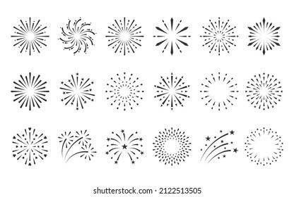 Firework sparkle sunrise star black silhouette set. Vintage explosion spark sunburst boho beam shining sign abstract element circle radial linear stroke. Contour Christmas holiday isolated white