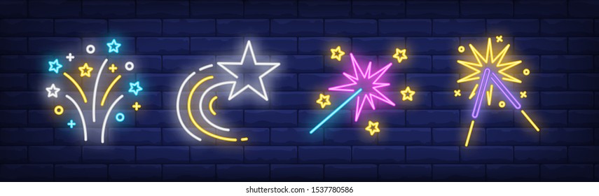 Firework and sparklers neon signs set. Holiday, anniversary, pyrotechnics design. Night bright neon sign, colorful billboard, light banner. Vector illustration in neon style.