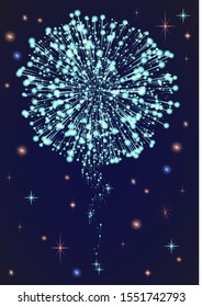 Firework sparkling with lights, fireworks on night or evening sky. Explosion for festival, festive moods. New Year celebration holidays. Bright and shiny decoration. Vector sparkle and glittering ray
