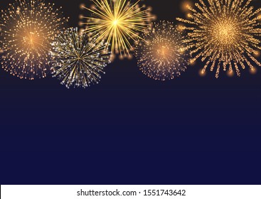 Firework sparkling with lights, fireworks on night or evening sky. Explosion for festival, festive moods. New Year celebration holidays. Bright and shiny decoration. Vector sparkle and glittering ray