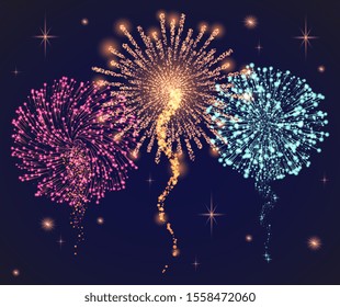 Firework sparkling with lights, fireworks on night or evening sky. Explosion for festival, festive moods. New Year celebration holidays. Bright and shiny decoration. Vector sparkle and glittering ray