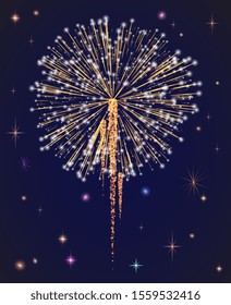 Firework sparkling with lights, fireworks on night or evening sky. Explosion for festival, festive moods. New Year celebration holidays. Bright and shiny decoration. Vector sparkle and glittering ray