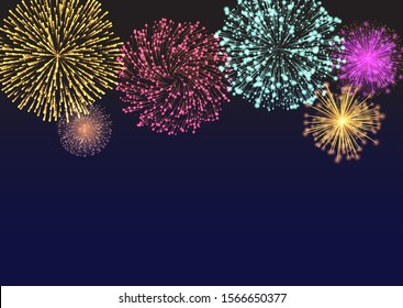 Firework sparkling with lights, fireworks on night or evening sky. Explosion for festival, festive moods. New Year celebration holidays. Bright and shiny decoration. Vector sparkle and glittering ray