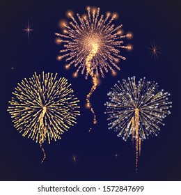 Firework sparkling with lights, fireworks on night or evening sky. Explosion for festival, festive moods. New Year celebration holidays. Bright and shiny decoration. Vector sparkle and glittering ray