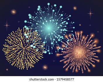 Firework sparkling with lights, fireworks on night or evening sky. Explosion for festival, festive moods. New Year celebration holidays. Bright and shiny decoration. Vector sparkle and glittering ray