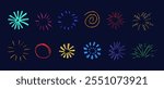 Firework, spiral, circle chalk kid drawing, brush strokes texture, vector colorful illustration isolated on dark background.