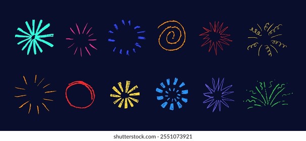 Fuegos artificiales, espiral, dibujo de círculo de tiza para niños, textura de pinceladas, ilustración colorida de Vector aislada sobre fondo oscuro.