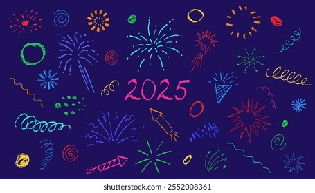 Firework, spiral, circles chalk kid drawings set, brush strokes texture, vector illustration isolated on dark background.