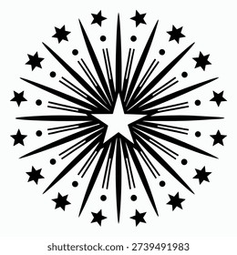 firework, starburst, star, explosion, celebration, burst, sunburst, spark, flash, light, patriotic, usa, american, independence, july, fourth, holiday, festival, festive, party, event, new, year, ray, radiant, magic, salute, dynamic, bang, shape, element, icon, isolated, vector, illustration, silhouette, black, white, monochrome, graphic, design, art, flat, vintage, retro
