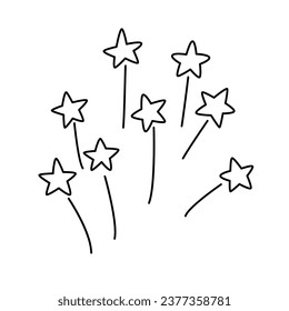Firework with stars  hand drawn doodle vector illustration black outline. Great for coloring and greeting cards.	