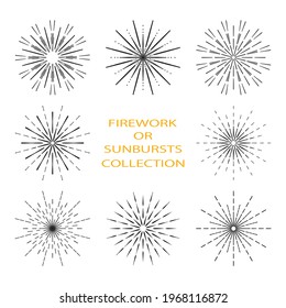 Firework or sunbursts black lines collection. Vector set of vintage or retro light explosion rays design elements. Abstract burst contour pattern sunrise firecracker starburst