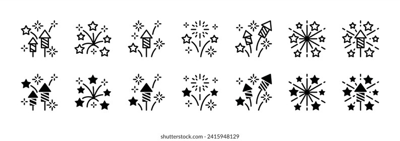 Firework thin line icon set. Happy new year, carnival celebration, christmas, festival, and party firework icons symbol collection. Vector illustration