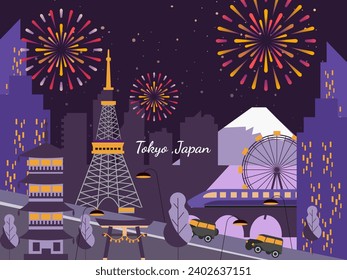 Firework in Tokyo Japan background for card or banner 