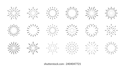 Fuegos artificiales de varios íconos, Feliz año nuevo, colección de Sunburst. Marco radial de línea redonda. Chispa festiva aislada de fondo blanco. Símbolo moderno. Un estilo minimalista y sencillo. Ilustración vectorial plana.