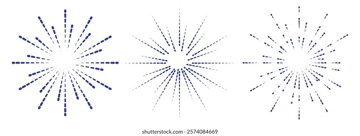 Firework various icon set, Happy new year, Sunburst collection. Round line radial frame. Festive spark isolated white background. Modern symbol element. Minimal simple style. Flat vector illustration.