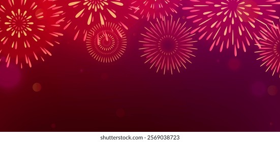 Firework vector background. Realistic blur light fire work banner. Color firecrackers on night sky for celebration event. New year, anniversary, carnival bright design with burst pyrotechnics.