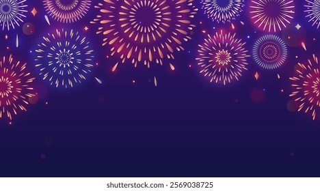 Firework vector background. Realistic light fire work seamless border. Color firecrackers on night sky for celebration event. New year, anniversary, carnival bright design with burst pyrotechnics.