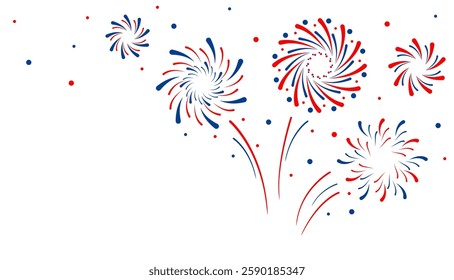 Firework vector icons set isolated on transparent background with copy space. Celebrate 4th of July banner. Red, blue, white usa flag color firework border, firecracker frame.