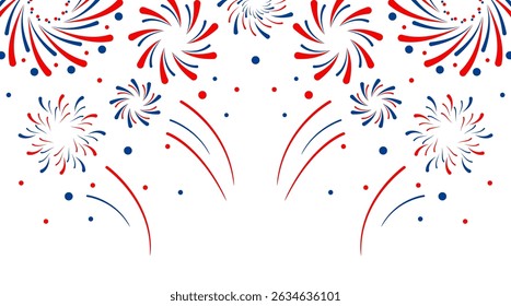 Firework vector icons set isolated on transparent background with copy space. Celebrate 4th of July banner. Red, blue, white usa flag color firework border, firecracker frame.