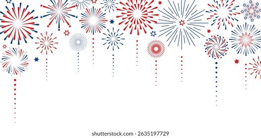 Firework vector icons set isolated on transparent background with copy space. Celebrate 4th of July banner. Red, blue, white usa flag color firework border, firecracker frame.