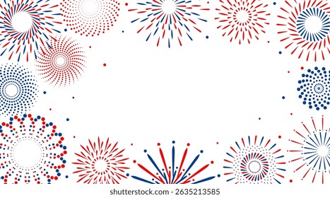 Firework vector icons set isolated on transparent background with copy space. Celebrate 4th of July banner. Red, blue, white usa flag color firework border, firecracker frame.