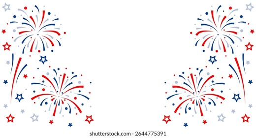 Firework vector icons set isolated on transparent background with copy space. Celebrate 4th of July banner. Red, blue, white usa flag color firework border, firecracker frame.