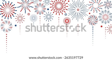 Firework vector icons set isolated on transparent background with copy space. Celebrate 4th of July banner. Red, blue, white usa flag color firework border, firecracker frame.