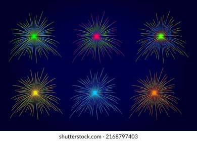 Firework vector illustration. Fireworks with festive sparks. Bright explosions. Festive sparks and explosions. Light effect. Element for yor design. Vector graphics. Sunburst collection. Bursting