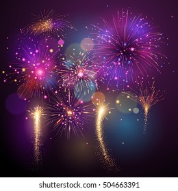 Firework vector illustration in various shapes sparkling colorful background