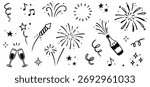 Firework vector new year set. Hand drawn background with doodle sparkler, firecracker and confetti for new year, birthday or holiday celebration. Sketch firework party style. Vector illustration