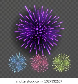 Firework Vector. Night Sky Design Salute Effect. Isolated On Transparent Background Realistic Illustration