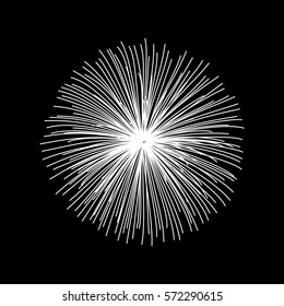 Firework white bursting isolated background. Beautiful night fire, explosion decoration, holiday, Christmas, New Year, birthday. Symbol festival, American 4th july celebration. Vector illustration