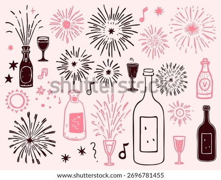 Firework, Wine Bottle and Wine Glass Retro Vintage Set in Sketch Doodles Hand Drawn Style. Christmas and New Year Drawings in Doodle Art Style. Cute Elements Set for Holiday, Party, Celebration Design