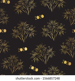 Fireworks 2020 Happy New Year seamless vector pattern. Repeating background for New Years Eve. Metallic shiny Gold foil effect. Elegant design for invitation, cards, poster, banner, party invite
