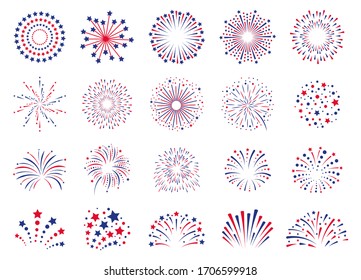 Fireworks 4th July. Celebration festival firecracker, party firework explosion, carnival firework explosions vector icons set. Explosion firework at christmas, new year, festival carnival illustration