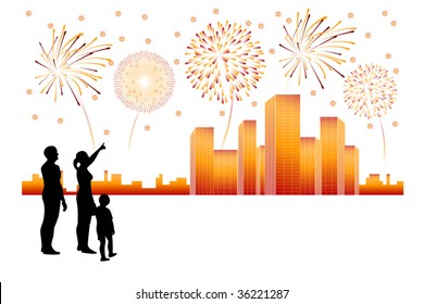 Fireworks above city panorama - vector art