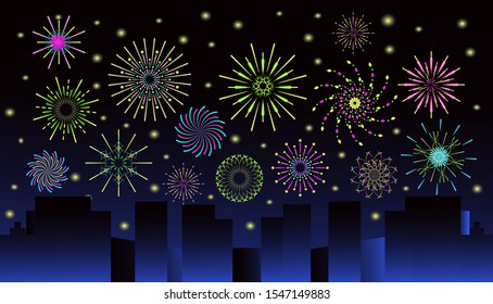 Fireworks above skyscrapers is shown. Carnival pyrotechnics is celebrated in the city. Colorful firecracker with sparkles in night sky. Trendy flat background vector for banner, flyer, website.