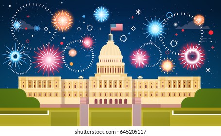 Fireworks Above White House, United States Independence Day Holiday 4 July Concept Flat Vector Illustration