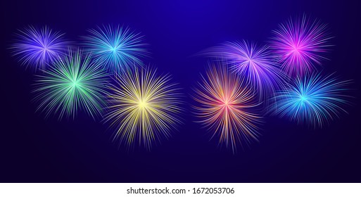 Fireworks abstract festive background with free space for text. Exploding fireworks shining in the night sky. Carnival, festival, party pyrotechnics explosion vector holiday background