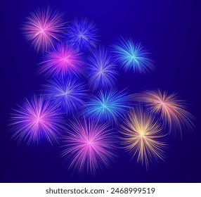 Fireworks abstract festive background with free space for text. Exploding fireworks shining in the night sky. Carnival, festival, party pyrotechnics explosion vector holiday background