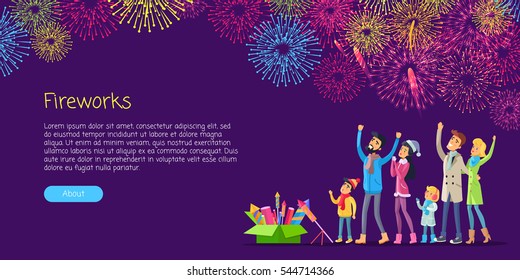 Fireworks. Adults and children watching explosion of colourful salutes in sky and green box with pyrotechnics near them. Vector illustration of people celebrating New Year and space for text