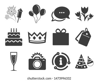 Fireworks, air balloon and champagne glass signs. Discount offer tag, chat, info icon. Party celebration, birthday icons. Gift box, flowers and photo camera symbols. Classic style signs set. Vector