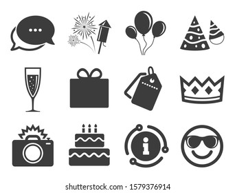 Fireworks, air balloon and champagne glass signs. Discount offer tag, chat, info icon. Party celebration, birthday icons. Gift box, cake and photo camera symbols. Classic style signs set. Vector