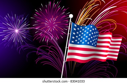 Fireworks and American Flag. Vector.