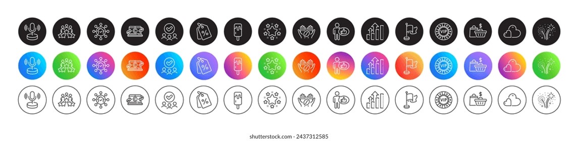 Fireworks, Analysis graph and Flag line icons. Round icon gradient buttons. Pack of Care, Home facility, Coffee icon. Business meeting, Ice cream, Sale bags pictogram. Vector